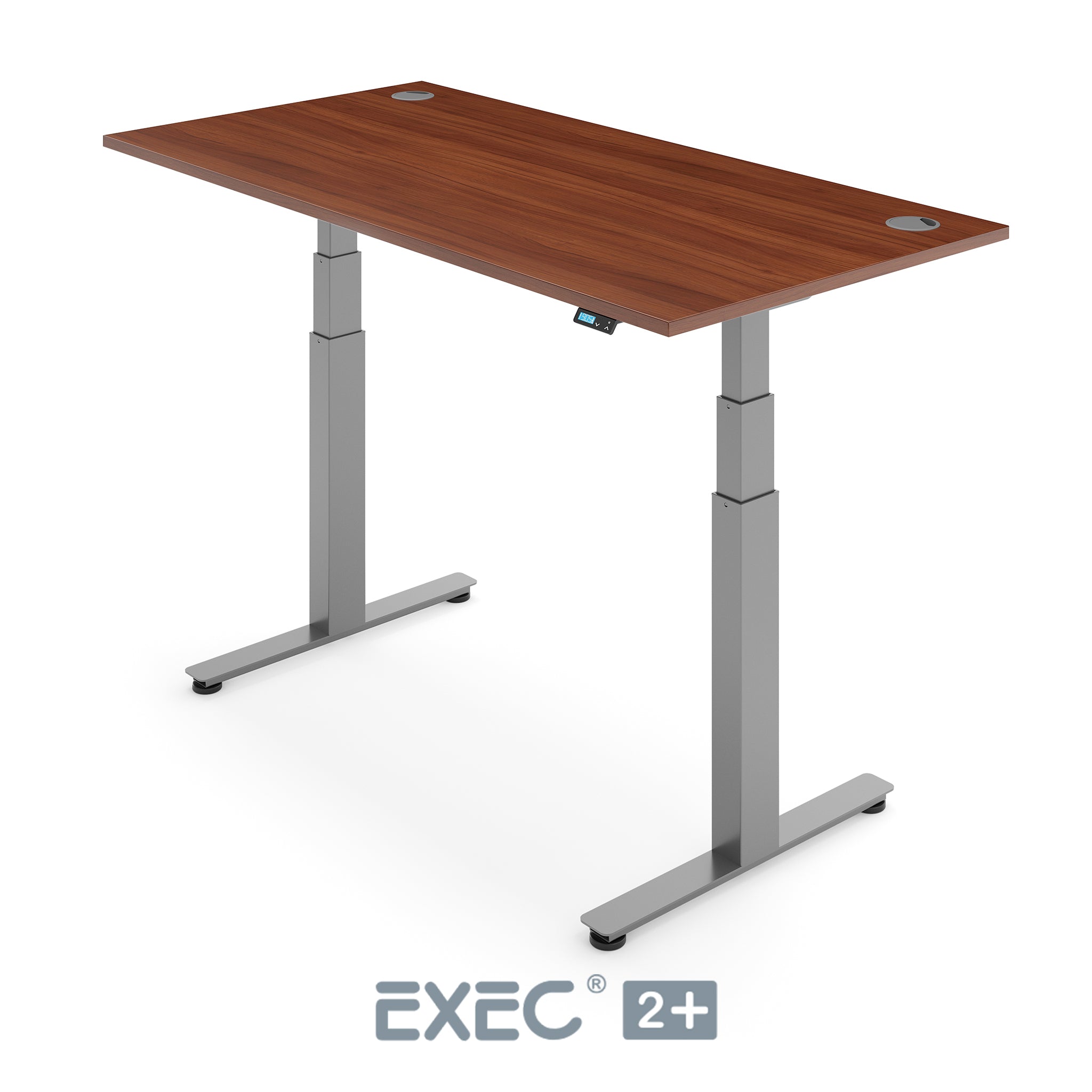 walnut height adjustable desk with silver frame
