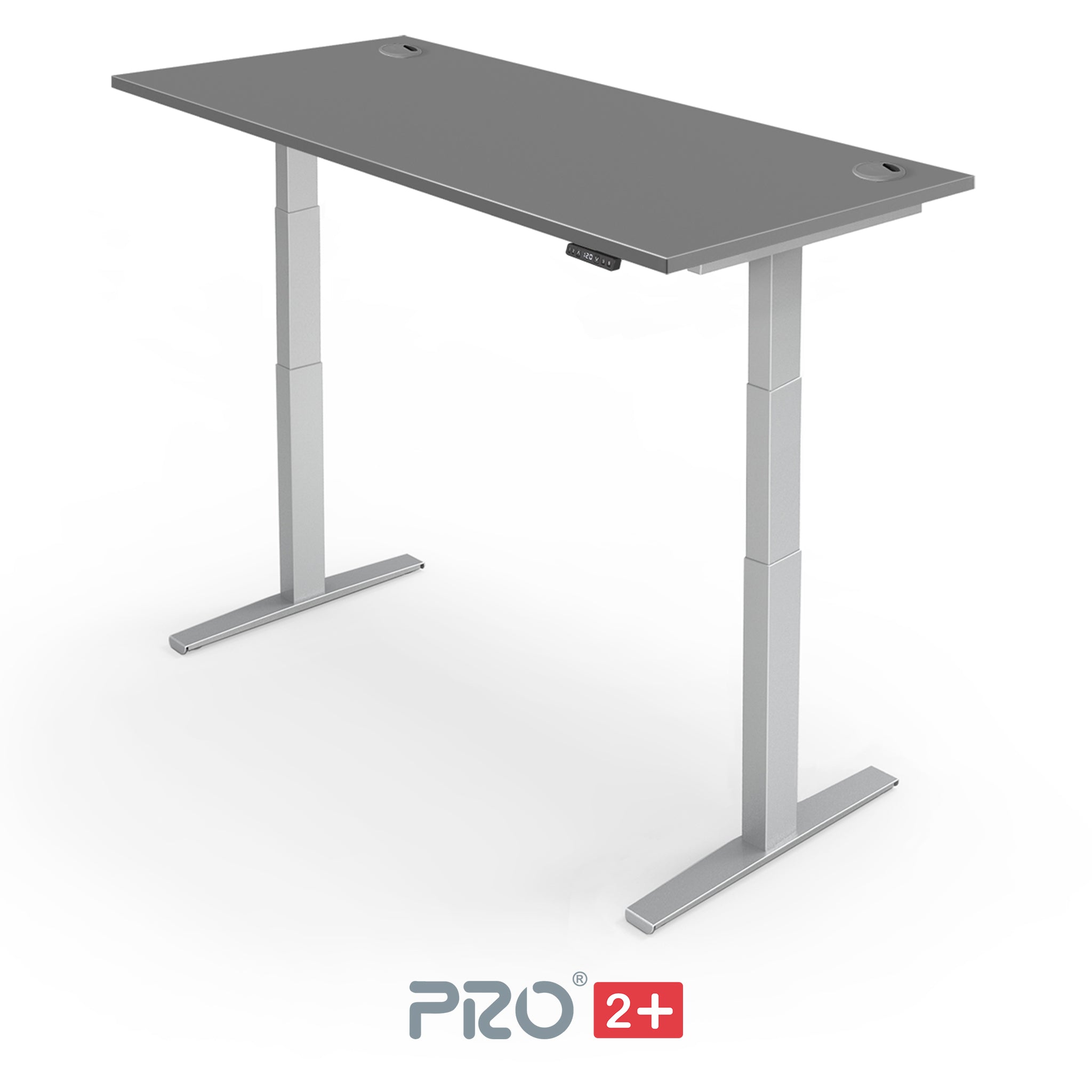 dark gray height adjustable desk with silver frame